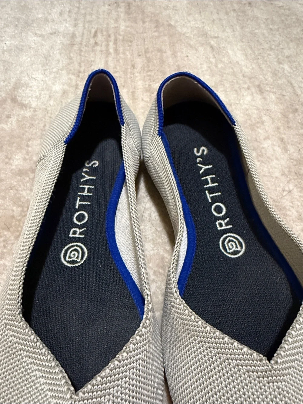 Rothy's Pointed Slip-On Flats in Light Gray with Blue Trim